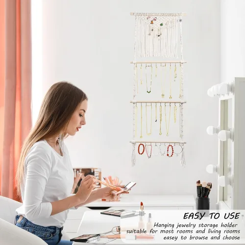 Vista 4 de Teniinet Organizador colgante de joyas, colgador de collar de macramé bohemio montado en la pared con 30 ganchos, soporte de joyería colgante