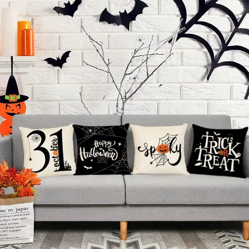 Vista 6 de Fundas de almohada de Halloween de 12 x 12 pulgadas, juego de 4 fundas de almohada decorativas con diseño de truco o trato, fundas de almohada