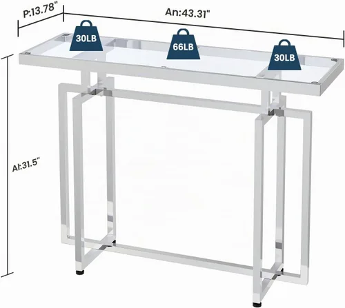 Vista 2 de ASYA Mesa consola de cristal para entrada, mesa de entrada moderna con vidrio templado y marco cromado, mesa de sofá plateada para sala de estar