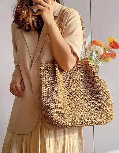 Vista 5 de JI YA LI Bolso de playa de paja suave tejida a mano, bolso de mano casual vintage de ratán bolso de mano bohemio Wowen Tote Basket Bolsa