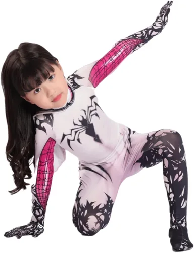Vista 4 de LG LOUIS GARDEN Disfraz de araña para niños, estilo 3D, traje de araña blanca, overol con máscara para fiesta de Halloween, cosplay, traje para niñas