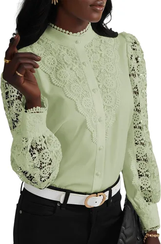 Vista 29 de Rooscier Blusa Elegante de Encaje de Crochet con Cuello Alto Simulado de Manga Larga con Botones para Mujer Top