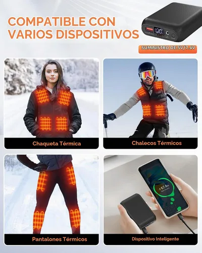 Vista 6 de Paquete de batería con chaleco calefactable, batería externa con salida USB/tipo-C/CC (3.5/3.8/4.0) y pantalla LED, para chalecos calefactados