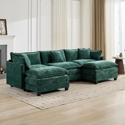 Vista 100 de Sofá seccional modular verde de 111.5", sofás seccionales grandes de 3 plazas para sala de estar, sofá nube oversized de tela chenille con otomana