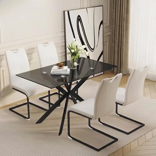 Vista 14 de Juego de mesa de comedor de vidrio de 51 pulgadas para 4 personas con tapa de vidrio templado, color negro Patas de metal negro, sillas de cuero