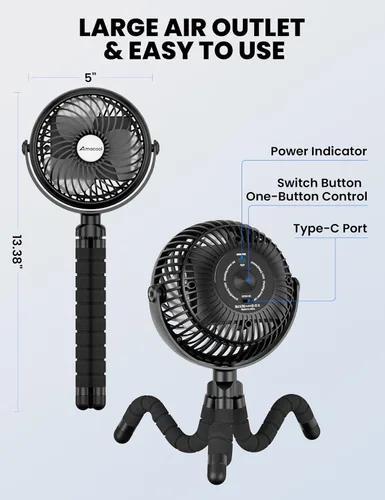 Vista 8 de AMACOOL Ventilador de cochecito de bebé 5000mAh recargable, enfriamiento Negro