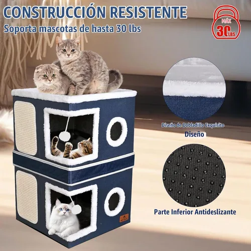 Vista 4 de Casa de Gato de 2 Pisos para Gatos de Interior, Cama de Cueva de Gato de Dos Propósitos con Almohadilla para Arañar y Bola Esponjosa, Escondite