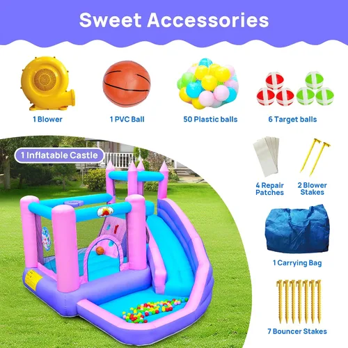 Vista 6 de WELLFUNTIME Casa inflable de rebote con tobogán, castillo de salto para niños con soplador, pozo de bolas, pared de escalada, diana, aro