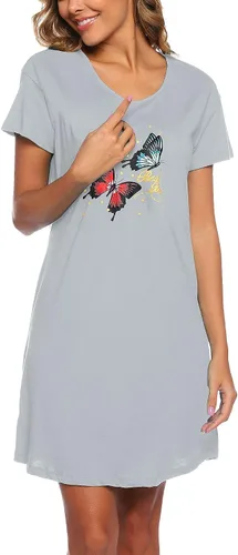Vista 3 de ENJOYNIGHT Camisón de algodón de manga corta para mujer, ropa de dormir con estampado casual