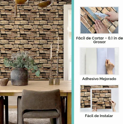Vista 5 de Commomy Adhesivo de pared 3D de piedra sintética para despegar y pegar, 10 PIEDRA-RP