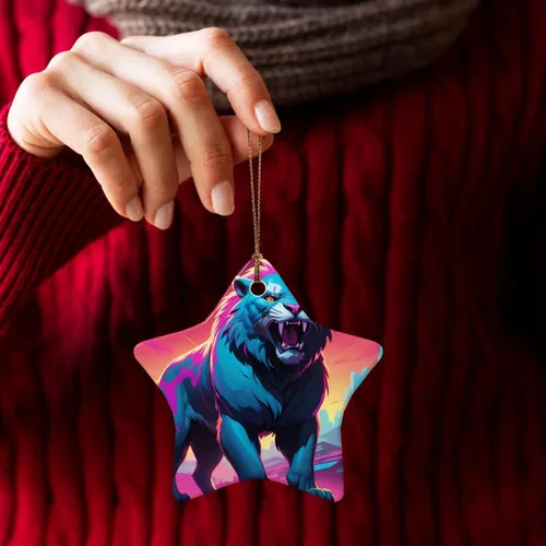 Vista 5 de Synthwave Sabertooth Printed Star Shape Ceramic Pendant, Perfect for Decorating Your Home Christmas Tree for Winter Parties