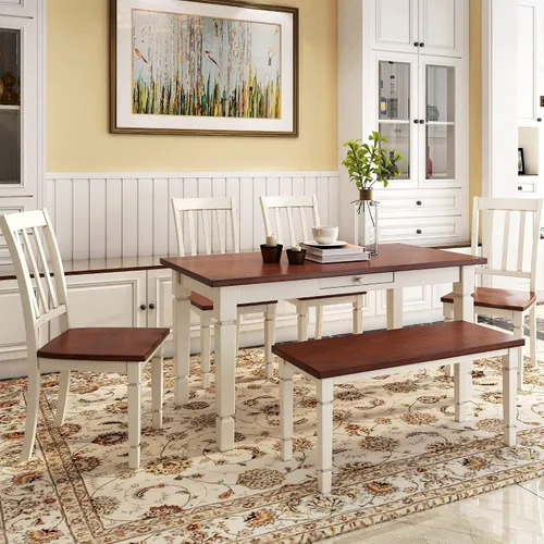 Vista 21 de Juego de mesa de comedor de madera de 6 piezas, juego de mesa de cocina con rectangular, juego de mesa de comedor con banco tapizado y 4 sillas