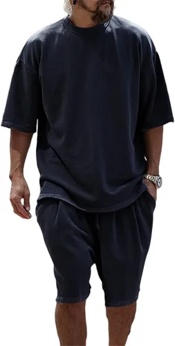 Vista 3 de Conjunto casual de 2 piezas para hombre, conjunto deportivo de manga corta, cuello redondo, camiseta y pantalones cortos, conjunto casual de dos