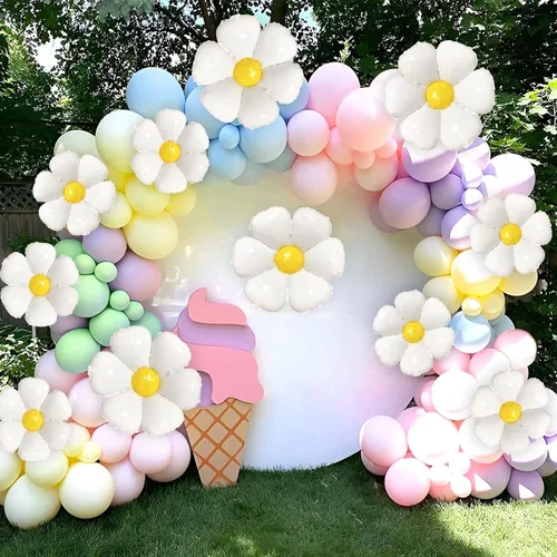 Vista 8 de Kit de arco de guirnalda de globos de margaritas de 166 piezas, globos pastel macarrón, arco pastel de primavera para fiesta temática de margaritas