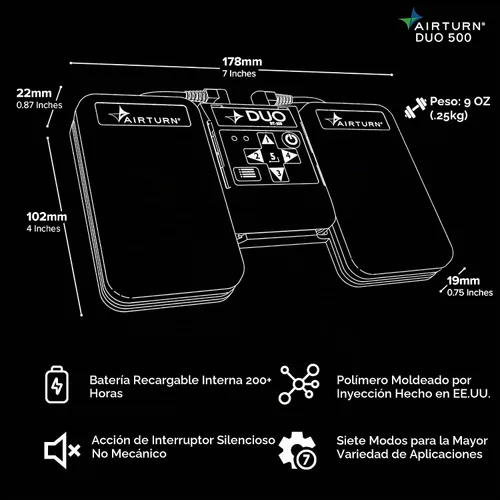 Vista 3 de AirTurn DUO500 - Pedal silencioso Bluetooth para voltear páginas, teleprompter, transmisión en vivo y control de aplicaciones