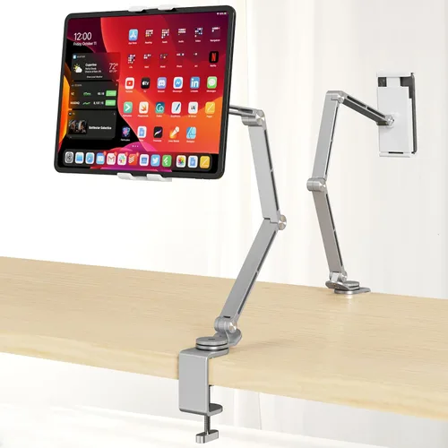 Vista 9 de Houele Soporte para Tableta, Brazo Plegable Ajustable para Tableta iPad Soporte de Escritorio con Base Giratoria de 360°, Soporte para Teléfono