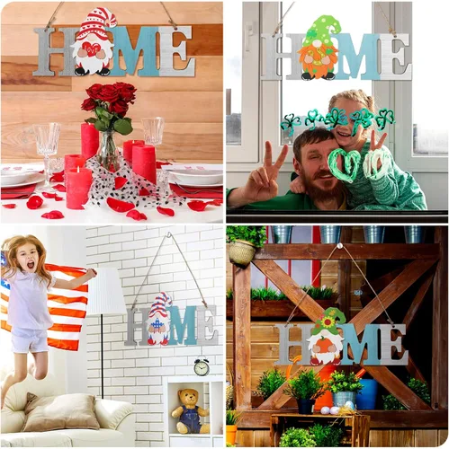 Vista 4 de 13 piezas de gnomo intercambiable para el hogar, letrero de madera 3D para Navidad, invierno, decoración de puerta de temporada, decoración rústica