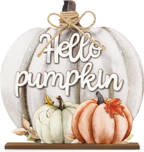 Vista 9 de Soaoo Decoración de Acción de Gracias, letrero de madera de otoño con texto en inglés "Hello Pumpkin", decoración de mesa de calabaza de otoño de 11