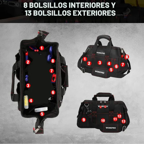 Vista 7 de WORKPRO W081022A - Bolsa de almacenamiento de herramientas de boca ancha con base de goma resistente al agua, 16 pulgadas