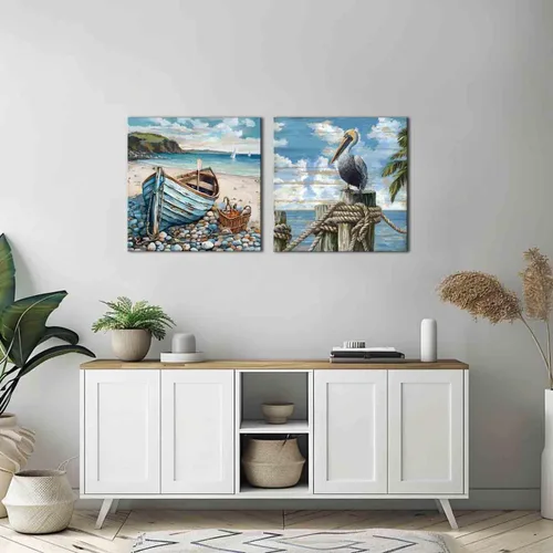 Vista 4 de Decoración de baño, arte de pared de playa, tema oceánico, imagen azul, impresión en lienzo, obra de arte costera moderna, enmarcada para colgar