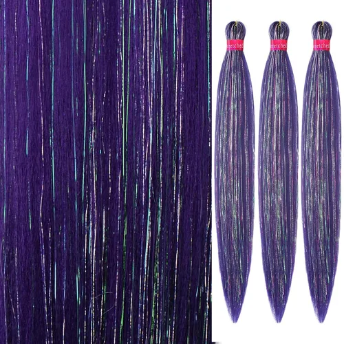 Vista 47 de Cabello trenzado verde con lentejuelas de 26 pulgadas, preestirado, trenzas de textura Yaki, extensiones de cabello pre plumadas, 3 paquetes, fácil
