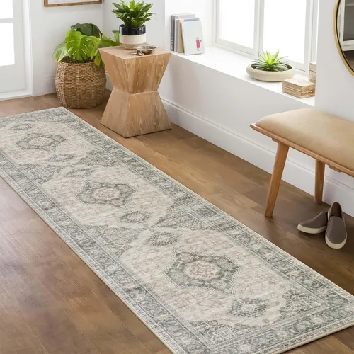 Vista 32 de Lahome Alfombra oriental lavable de área pequeña, 2 x 3 pies, para entrada, cocina, ultra fina, suave, tapete antideslizante para puerta de Azul