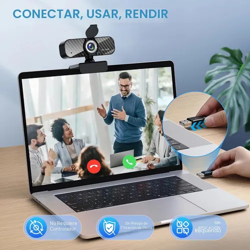 Vista 5 de Webcam Full HD 1080P con micrófono incorporado y trípode giratorio, placa de fibra de carbono y cubierta de privacidad, corrección de luz