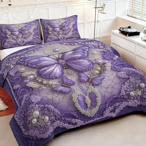 Vista 2 de Juego de edredón de mariposa tamaño individual, juego de ropa de cama estética morado, edredón de microfibra de mariposa lavanda con 2 fundas