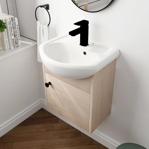 Vista 3 de Vanidad de baño de 18 pulgadas con fregadero, tocador flotante de 18 pulgadas para espacios pequeños, moderno combo de tocador de baño de un solo