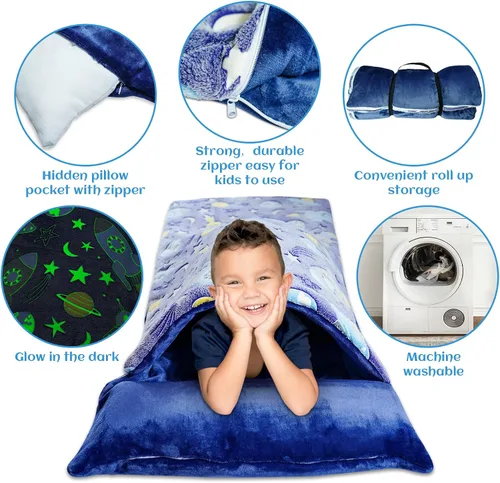 Vista 5 de Saco de dormir para niños que brilla en la oscuridad, para niñas y niños, tapete para siesta de 62 x 28 pulgadas, suave y cómodo para fiestas