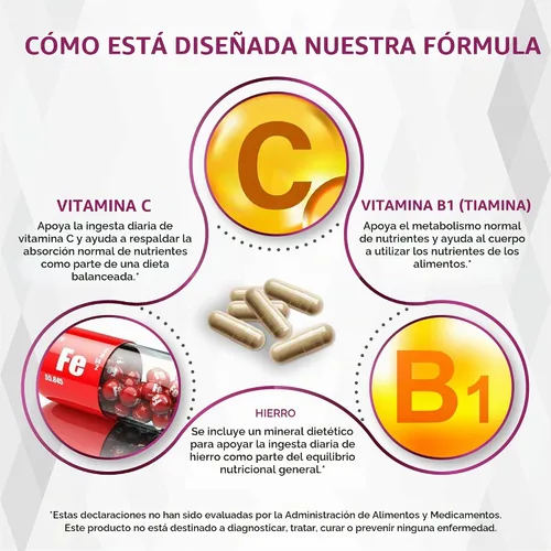 Vista 5 de Hierro natural de alta potencia con vitamina C, ácido fólico, fórmula de alta absorción, vitamina B1, vitamina B6, vitamina B12, ayuda a