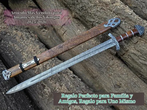 Vista 3 de Espada vikinga, 101.6 cm, acero damasquino 1095 de filo completo, vaina de madera, ranuras de sangre, colección de campo de batalla