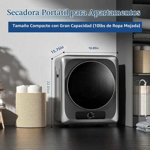 Vista 2 de VCJ Secadora de ropa portátil para apartamento, secadora de ropa eléctrica compacta de 10 libras con tambor de acero inoxidable, 1.5 pies cúbicos