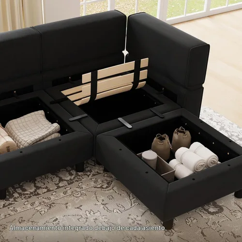 Vista 3 de Belffin Sofá seccional modular con asiento de almacenamiento, sofá grande en forma de U con diván reversible de terciopelo con otomano, color negro