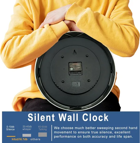 Vista 11 de HITO Reloj de pared silencioso de 10 pulgadas, funciona con pilas, sin tictac, cubierta de vidrio, marco de aluminio plateado, para decoración