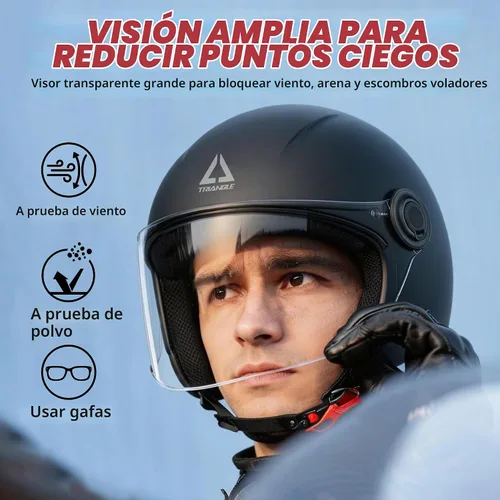 Vista 4 de TRIANGLE Casco de cara abierta para motocicleta, casco retro 3/4 con visera transparente para hombres y mujeres, aprobado por DOT Gris brillante