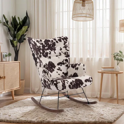 Vista 9 de DOGNNAK Mecedora de cuero marrón con respaldo copetudo con base de madera maciza, respaldo alto cómodo, sillón de ocio para sala de estar y Mecedora