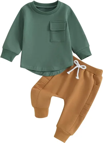 Vista 39 de Kuriozud Conjunto de 2 piezas de sudadera con cuello redondo y pantalones deportivos para niños pequeños para otoño e invierno