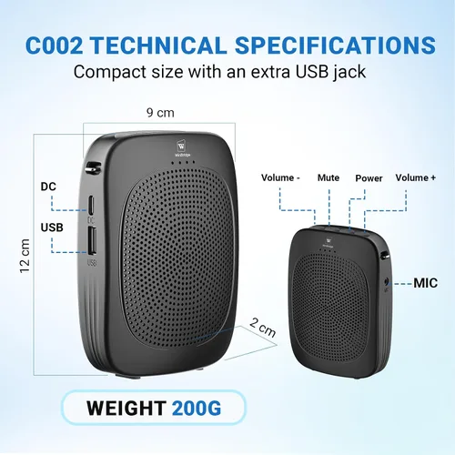 Vista 5 de Amplificador de voz inalámbrico con micrófono de auriculares, amplificador Bluetooth inalámbrico personal con micrófono, micrófono inalámbrico