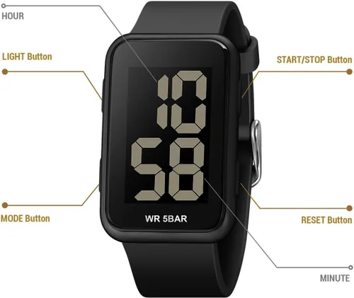 Vista 8 de Reloj digital para hombre, pantalla grande, relojes impermeables Todo negro