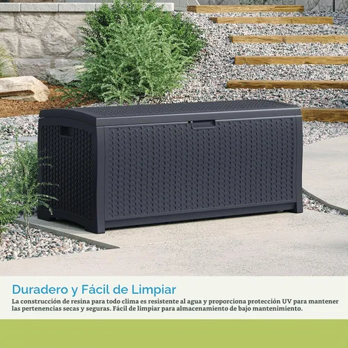 Vista 4 de Suncast Caja de almacenamiento para exteriores - Caja de cubierta de mimbre de resina Cyberspace de 73 galones con tapa con cierre, contenedor