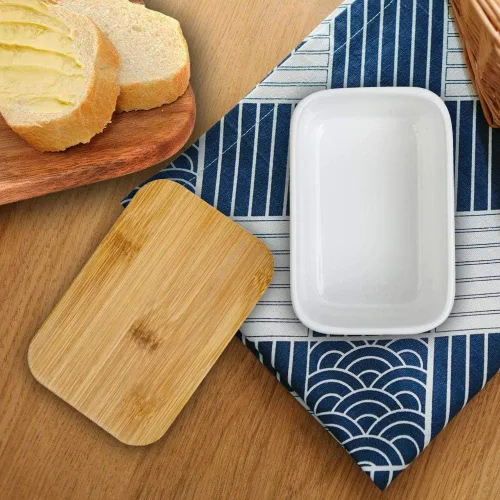 Vista 3 de Mantequillera de porcelana con tapa de bambú, recipiente de cerámica para encimera o refrigerador, plato de almacenamiento de mantequilla de cocina