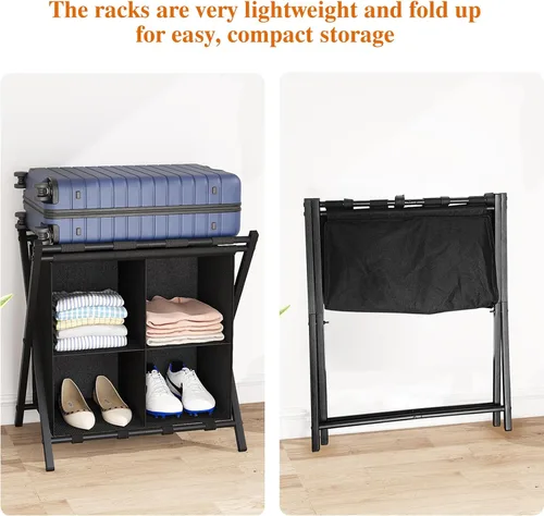 Vista 5 de aboxoo Portaequipajes con almacenamiento, soportes plegables para maleta para habitación de invitados, soporta hasta 120 libras, soportes