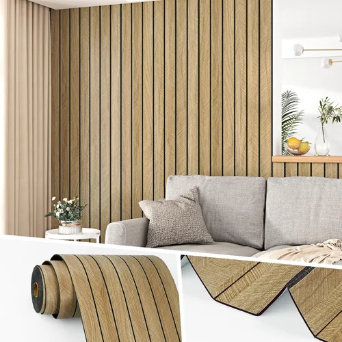 Vista 11 de Wallercity Paneles acústicos de listones de madera marrón claro para decoración elegante, reducción de ruido, paneles de grano de madera con textura