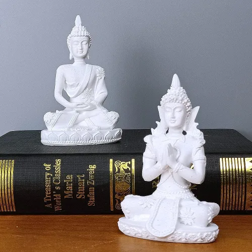 Vista 3 de HYFAN Estatua armoniosa de meditación de Buda de piedra arenisca para manualidades, escultura de Feng Shui, decoración para el hogar, oficina