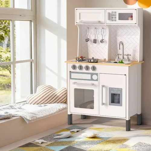 Vista 2 de Juego de cocina, cocina de madera para niños pequeños con grifo, fregadero, máquina de hielo, juguetes de cocina, alturas ajustables, estufa, cocina