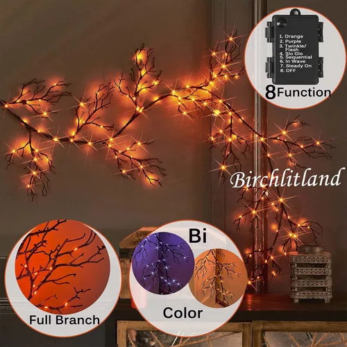 Vista 4 de Birchlitland - Guirnalda iluminada de Halloween de 6 pies con 120 luces LED bicolor naranja y morada, 8 funciones, luces de guirnalda negras