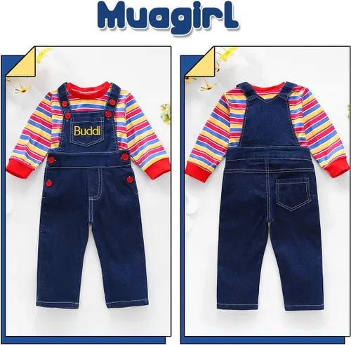 Vista 3 de Ropa de bebé niño y niña, traje de rayas + overol de mezclilla con correa de mezclilla, ropa de invierno