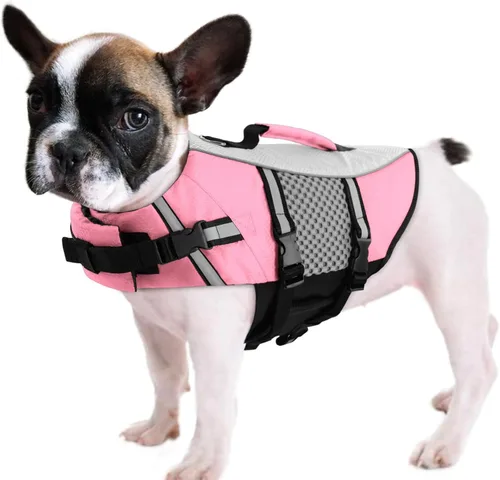 Vista 13 de Chaleco salvavidas para perros, chaleco de natación, ligero, altamente reflectante, para mascotas, con asa de elevación y anillo para correa