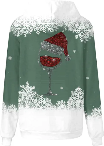 Vista 5 de Sudaderas con capucha de moda con estampado gráfico de copa de vino para mujer, casual, manga larga, divertida, de Navidad, cómoda sudadera